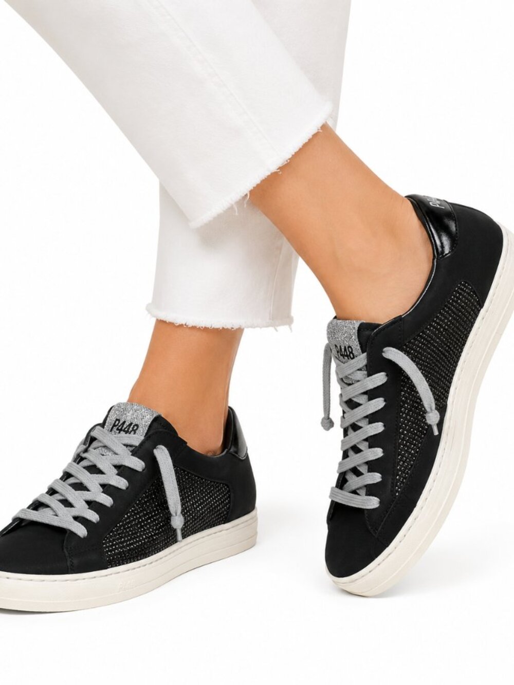 P448 John Blitz Sneakers Women 39 Black Leather Glitter Made Italy Designer Luxe